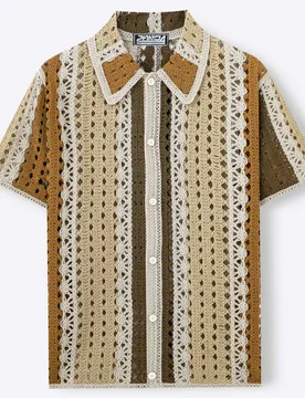 Men's American Retro Color Block Hollow Out Knit Polo Cardigan European Style Striped Crochet Short Sleeve Knit Shirt Summer - Aliexpress - FashionsVida