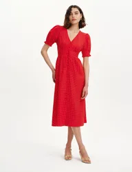 Printed V-Neck Midi Tea Dress Red Mix female