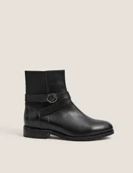 Leather Buckle Block Heel Ankle Boots Black female