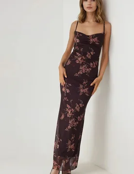 Womens Printed Bodycon Maxi Tulle Dress - Mocha - Hiccup - FashionsVida