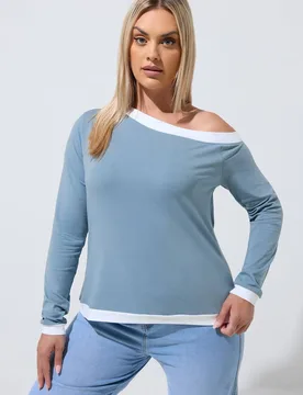 Women's Contrast Off-Shoulder Top in Baby Blue Size: 12 - Baby Blue - Size: 12 - Yours - FashionsVida