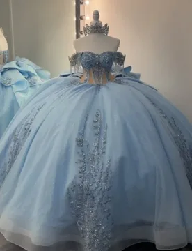Shiny aqua blue Quinceanera Dress crystal Sequins Decal Lace layering Long tail Bow Vestidos De 15 Quinceanera ﻿Customize - Aliexpress - FashionsVida
