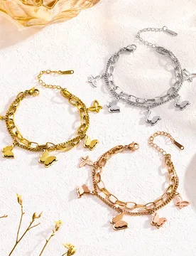 Double layer chain frosted butterfly stainless steel plated 18K gold bracelet for women - Aliexpress - FashionsVida