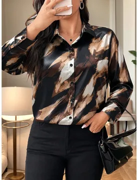 Blusa de manga larga con botones y estampado artístico elegante para mujer de talla grande, adecuada para uso diario en otoño y top de moda para ir - Shein - FashionsVida