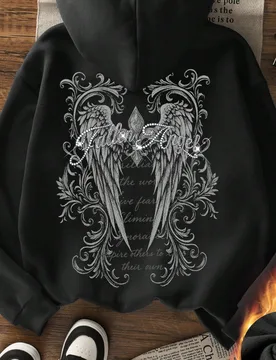 Nueva Camiseta de Manga Larga con Cuello Redondo Estampado de Alas de Ángel Minimalista, Casual, Elegante & Versátil Otoño Negro XXL - Shein - FashionsVida