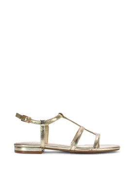 Women's 'Danielle' Flat Strappy Caged Sandals With Square Toe in Metallic Gold Size: 7 - Metallic Gold - Size: 7 - XY London - FashionsVida