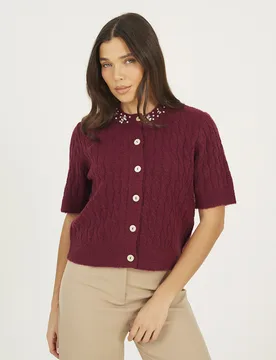 Womens Burgundy Embellished Crew Neck Cable Knit Cardigan - Size Large - Brave soul - FashionsVida
