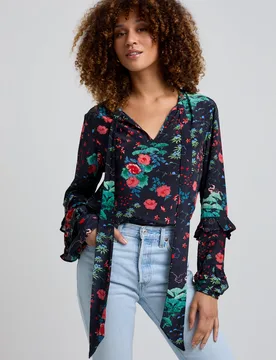 Rina Ruffle Sleeve Wonderland Print Blouse In Black - 8 - Lily and Lionel London Limited - FashionsVida