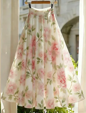Falda acampanada con estampado floral blanco y rosa para mujer, elegante para fiesta de té de verano, cintura elástica, casual para vacaciones en la - Shein - FashionsVida