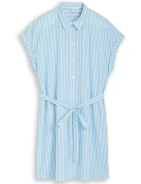 Vestido corto camisero de manga corta con cuello clásico, botones, lazada en la cintura y diseño de rayas - Tom Tailor - FashionsVida