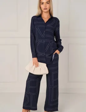 Women's Navy Geometric Line Print Wide-Leg Co-ord Size: 8 - Navy - Size: 8 - LOVE SUNSHINE - FashionsVida