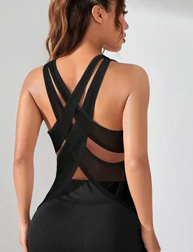 Top deportivo de malla con parches y espalda abierta en criss-cross para mujer, ropa deportiva atlética con espalda abierta, top de gimnasio con espa - Shein - FashionsVida