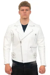 Mens Cowhide Biker Jacket-Nassau - White - Size 4xl