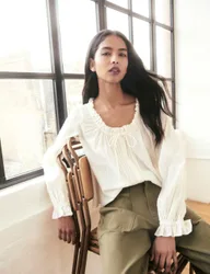 Pure Cotton Broderie Scoop Neck Blouse White female