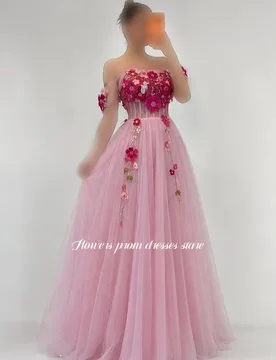 Flowers Pink Evening Dress with Applique A Line Prom Dress Floral Off Shoulder Party Gowns vestidos de fiesta Customized - Aliexpress - FashionsVida