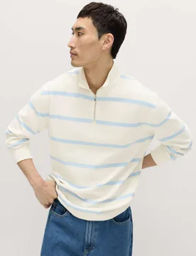Cotton Rich Waffle Striped Half Zip Sweatshirt Ecru male - M&S - FashionsVida