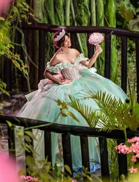 Light Green Quinceanera Dress Glitter Crystal Beads Decal Long tail off-shoulder Bow Vestidos De 15 Quinceanera ﻿Customize - Aliexpress - FashionsVida