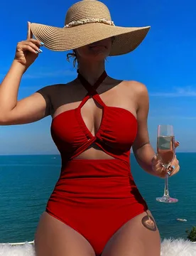 Traje de baño de una pieza con control de abdomen y cuello halter cruzado, para vacaciones y fiestas, estilo nuevo 2025 para mujeres XL - Shein - FashionsVida