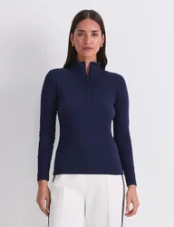 Pure Cotton Funnel Neck Quarter Zip Top Navy female