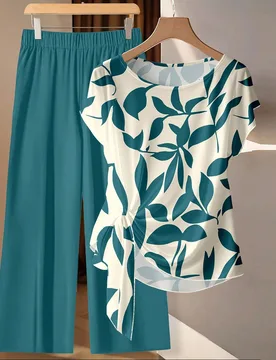 Conjunto de 2 piezas de blusa de manga corta con cuello redondo cómoda y holgada con lazo, y pantalones rectos, con estampado floral en color albaric - Shein - FashionsVida