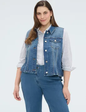 Chaleco de mujer de denim con strass cuello clásico con dos bolsillos aplicados en el pecho - Fiorella Rubino - FashionsVida