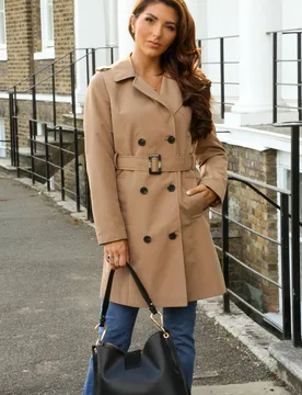 Women's Fitted Trench Coat in Camel Size: 24 - Camel - Size: 24 - DOUBLE SECOND - FashionsVida