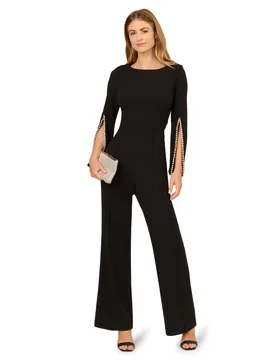 Womens Split Sleeve Crepe Jumpsuit - Black - Size 14 Uk - Adrianna Papell - FashionsVida