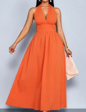 Vestido largo elegante y romántico para mujer, de cuello en V, plisado, sin mangas, espalda descubierta, de línea A, ideal para vacaciones en la pla - Shein - FashionsVida