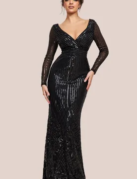 Women's Long Sleeve Sequin V Wrap Maxi Dress in Black Size: 8 - Black - Size: 8 - Goddiva - FashionsVida