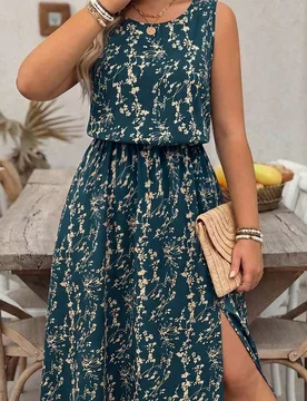 Vestido casual de cuello redondo con estampado floral diminuto y dobladillo dividido, talla grande 1XL - Shein - FashionsVida