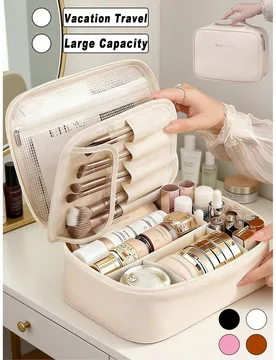 Bolsa de maquillaje de gran capacidad de doble capa, organizador de cosméticos de cuero PU, bolsa de aseo conveniente con compartimentos, bolsa de ma - Shein - FashionsVida