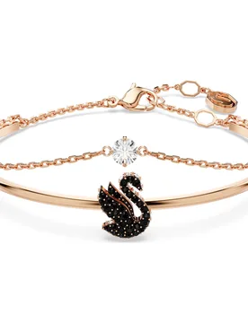 Bracciale rigido Swan, Cigno, Nero, Finitura oro rosa 18K S - Swarovski - FashionsVida