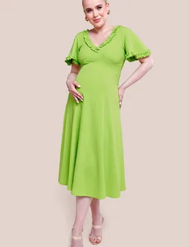 Women's Maternity Flare Sleeve Frill Edge Midi Dress in Lime Size: 12 - Lime - Size: 12 - Goddiva - FashionsVida