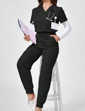 Conjunto de uniforme de salud con top de cuello en V de manga corta y pantalones con bolsillos, cómodo y elegante, uniforme de moda para camarera, un - Shein - FashionsVida