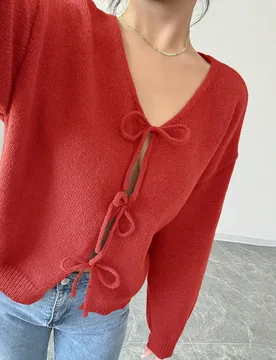 Blusa casual de manga larga con nudo delantero de unicolor para mujer, diseño simple para uso diario, cárdigan corto S - Shein - FashionsVida
