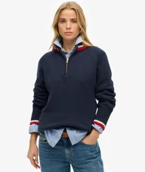 Superdry Damen Pullover mit Halbem Reißverschluss und Streifen Marineblau - Größe: 42