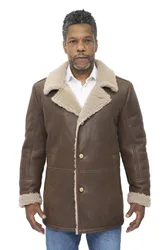 Mens Classic Sheepskin Crombie Jacket-Brisbane - Brown - Size Large