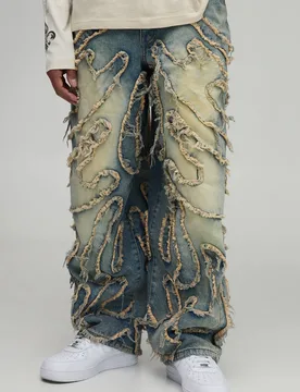 Herren Jeans Hosen Mit Rohen Kanten-Applikationen, Getönt, Super Weit Geschnitten Green Größe 30 - boohooMAN - FashionsVida