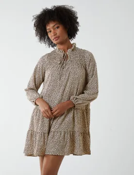 Shirred Cheetah Smock Dress - 8 / STONE - female - Blue Vanilla - FashionsVida