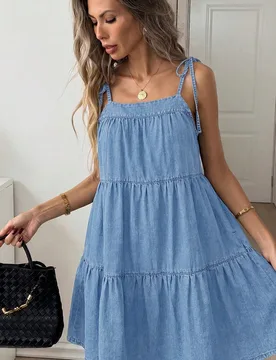 Vestido de mezclilla con tirantes finos plisado casual estilo cottage core para mujer, uso diario, verano, otoño, elegante, fiesta, cita, vacaciones, - Shein - FashionsVida