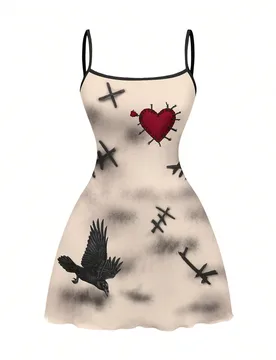 Vestido mini sexy de chica gótica oscura con estampado integral de calavera de Halloween para mujeres S - Shein - FashionsVida
