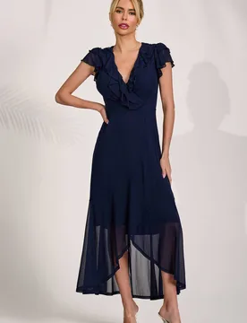Women's Ruffled Mesh Maxi Dress in Navy Size: 14 - Navy - Size: 14 - Jolie Moi - FashionsVida