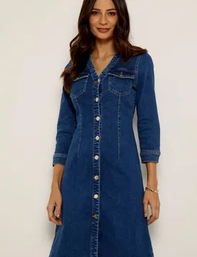 Womens Indigo V Neck Button Front Denim Dress - Blue Cotton - Size 6 Uk - Sosandar - FashionsVida