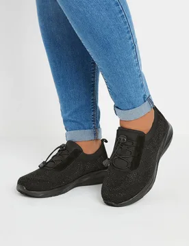 Women's Diamante Embellished Drawcord Trainers in Black Size: 6EEE - Black - Size: 6EEE - Yours - FashionsVida