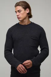 Herren Normal Geschnittener Raglan-Rippstrick-Pullover Charcoal Größe Medium