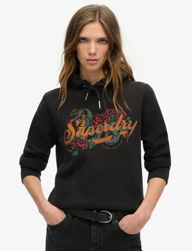 Superdry Damen Schwarz und Orange Hoodie mit Tattoo-Schriftzug Grafik, Größe: 40 - 94.99 - FashionsVida
