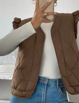 Chaleco acolchado de algodón de unicolor con mangas cortas, para mujer, para otoño/invierno S - Shein - FashionsVida