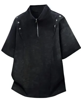 Men American Vintage Tie Dye Half Zip Stand Collar T Shirt Star Rivet Decor Short Sleeve Top Streetwear Dirty Wash Oversized Tee - Aliexpress - FashionsVida