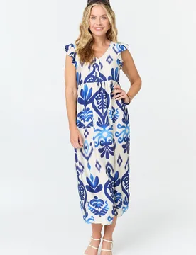 Women's Printed Cap Sleeve Relaxed Maxi Dress in Blue Size: 12 - Blue - Size: 12 - Izabel London - FashionsVida
