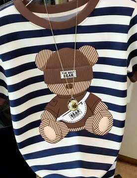 Camiseta casual de mujer de manga corta con cuello redondo, estampado de rayas y dibujos animados M - Shein - FashionsVida